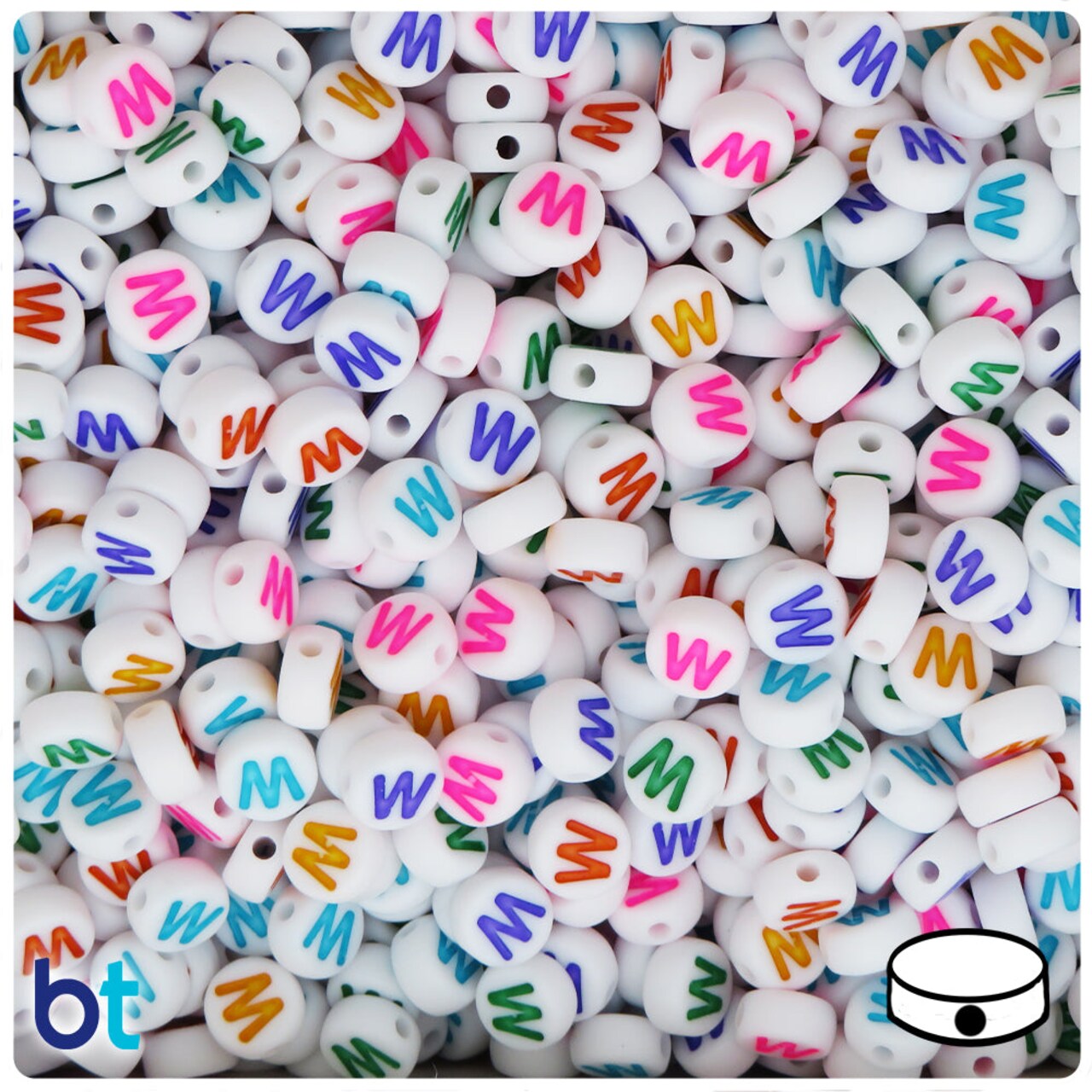 BeadTin White Opaque 7mm Coin Plastic Alpha Beads - Colored Letter W (100pcs)